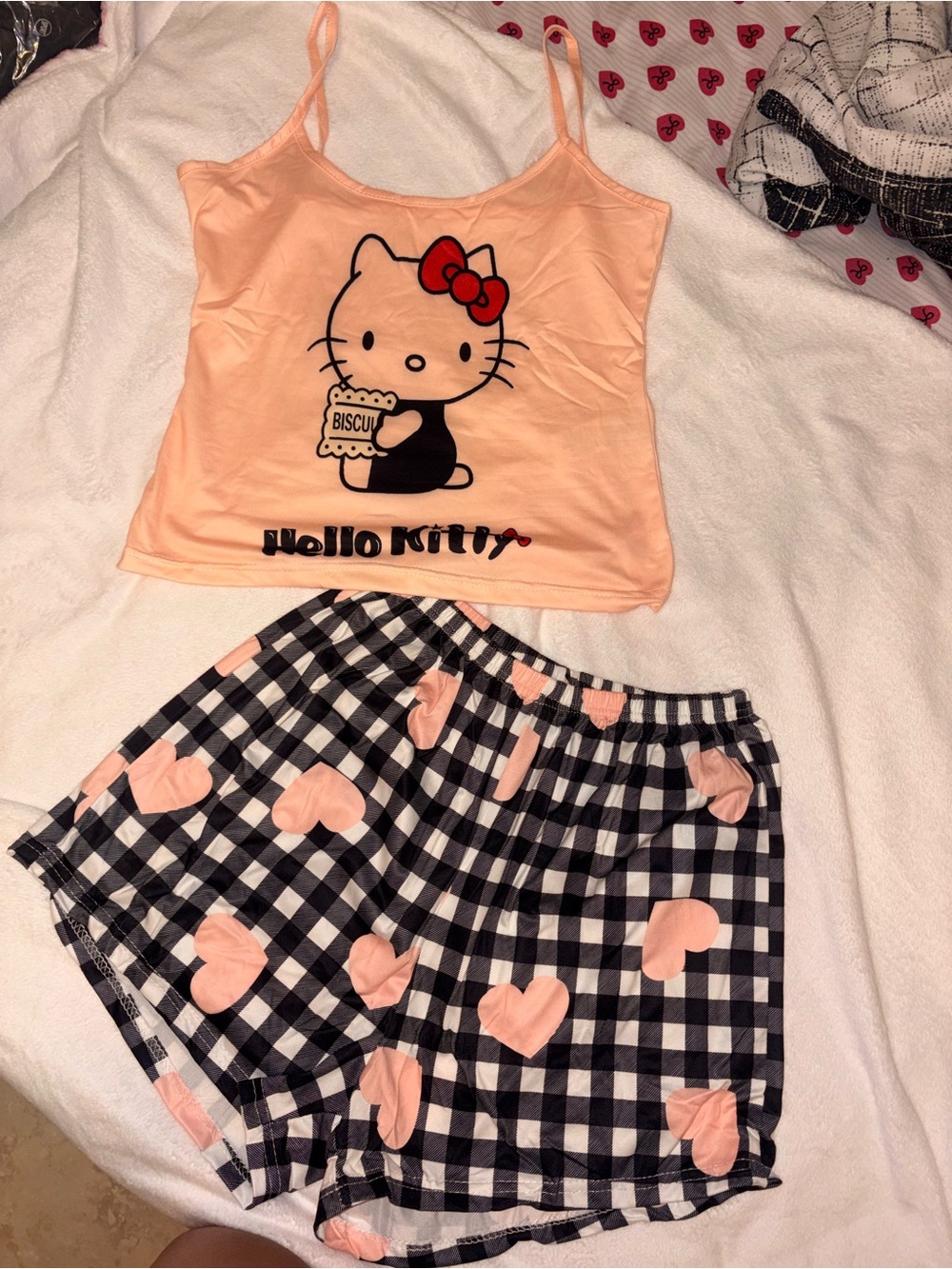 Hello Kitty Peach and Black Gingham Heart Pajama Set